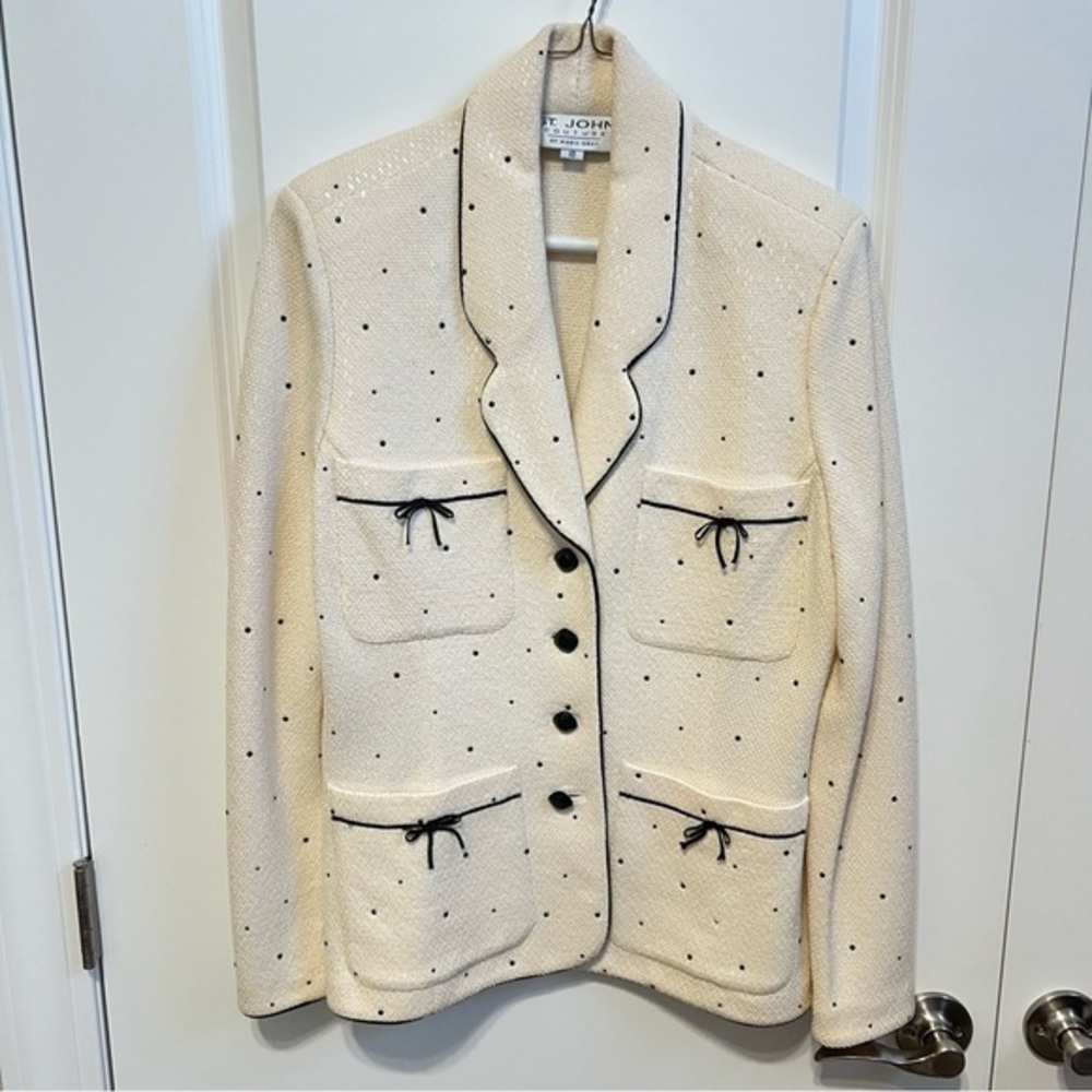 St. John Cream Knit Blazer with Black Trim and Polka Dots
